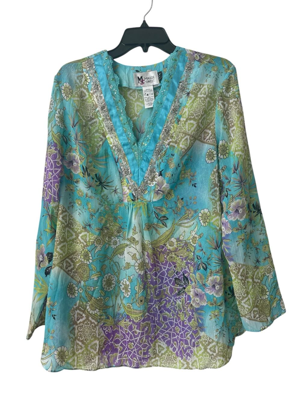 Maggie Sweet Blue Sheer Floral Tunic top Sequins V-Neck Women’s Size Large